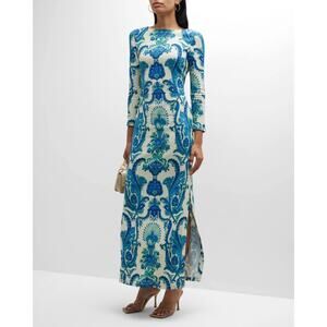 Cara Cara Aria Peacock Blue Printed Long Sleeve Maxi Dress Size L